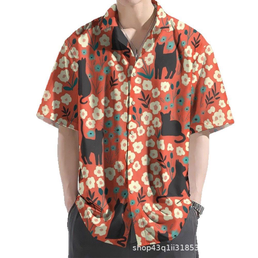 New Men's Hawaii Yellow Shirts Creative Chinese Landscape Painting Short Sleeve Aloha Shirts Cuban Style Summer