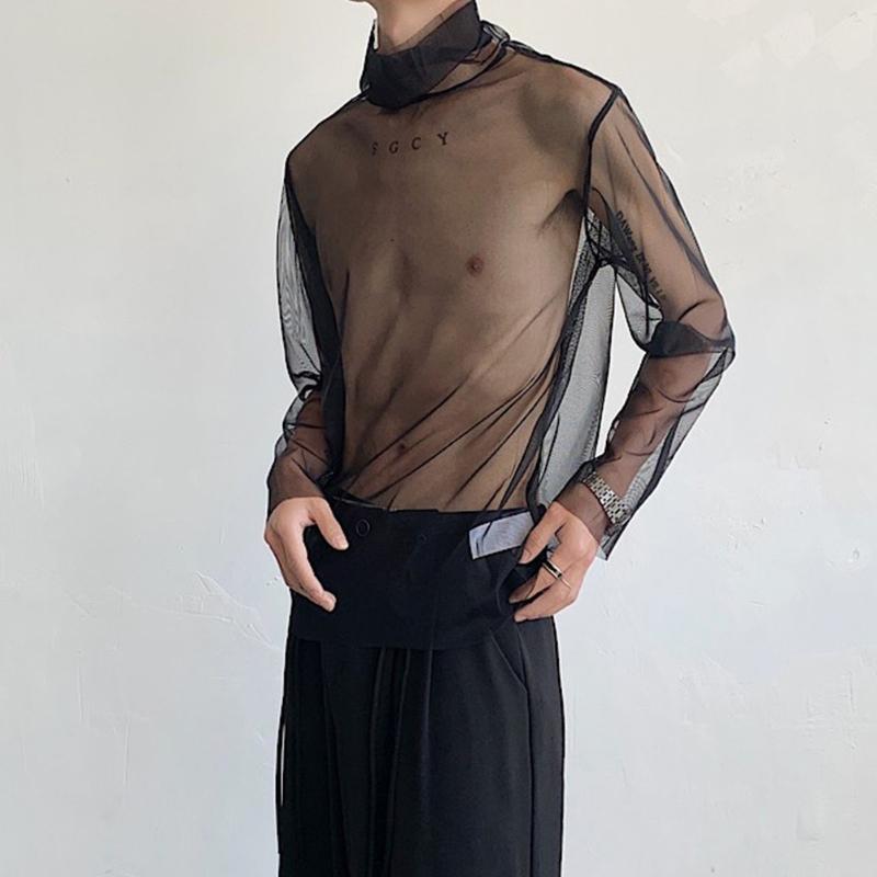 Men Mesh Sheer Turtleneck Casual T-Shirts Nightclub Long Sleeve Base Shirts Mens Undershirt Transparent Tops Club Streetwear