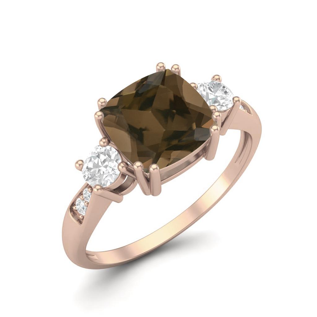 7mm Cushion Smoky Quartz 925 Sterling Silver Rose Vermeil Three Stone Women Engagement Ring