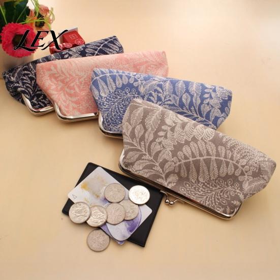 Coin Holder with Leaf Printed Purse, Kiss-lock Closure, Floral Lining Compact Tear-resistant Purse Canvas Wallet, for Coins Cards Jewelry Storage