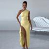 European and American summer 2026 new fashion temperament sexy slanted shoulder pleated elastic split sleeveless dress women