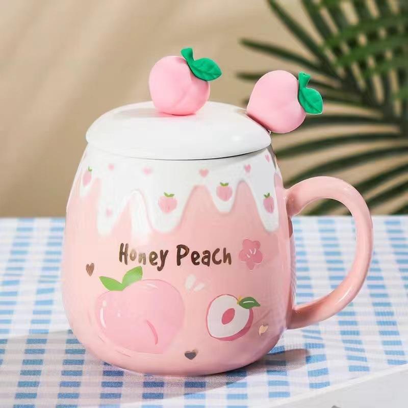 Korean version cute water cup boys and girls ceramic cup with lid spoon large capacity mug office coffee breakfast cup