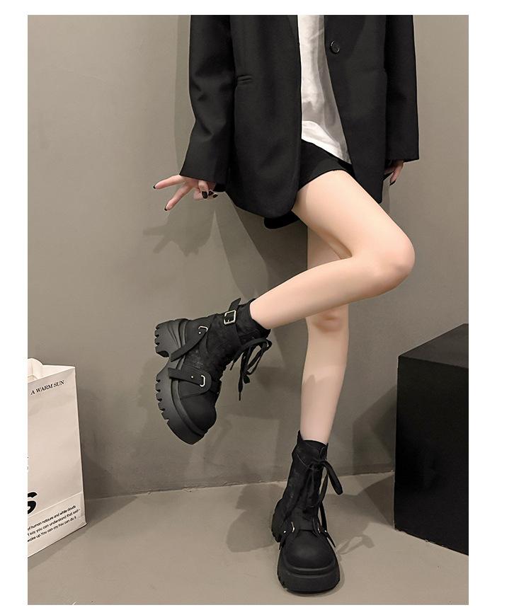 Black Retro British Style Heightened Thick-soled Martin Boots Women's 2025 New Autumn and Winter Thin and Comfortable Short Boots