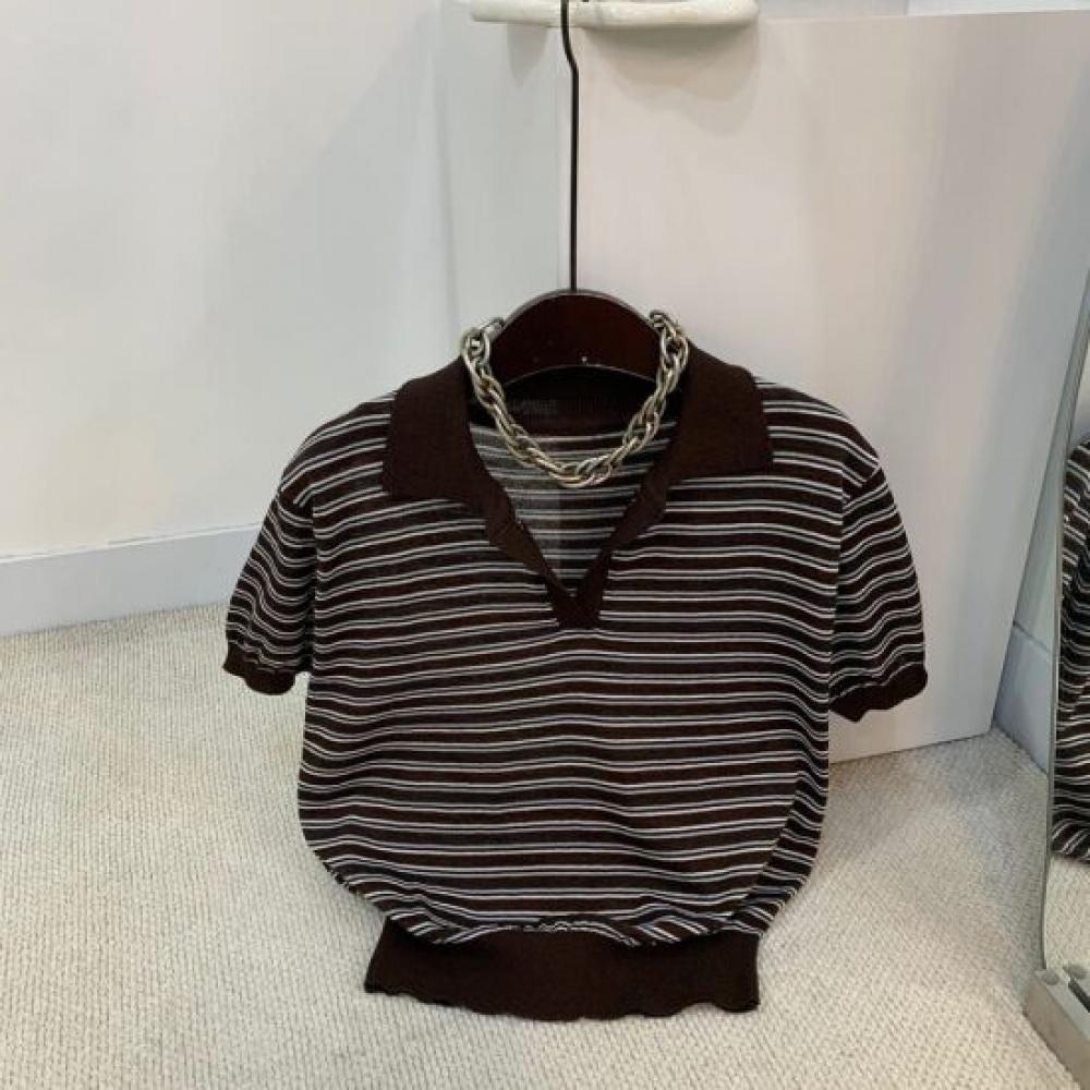 C S In The Room Beho Stripe Open Collar Short Sleeve Knit 3 Color