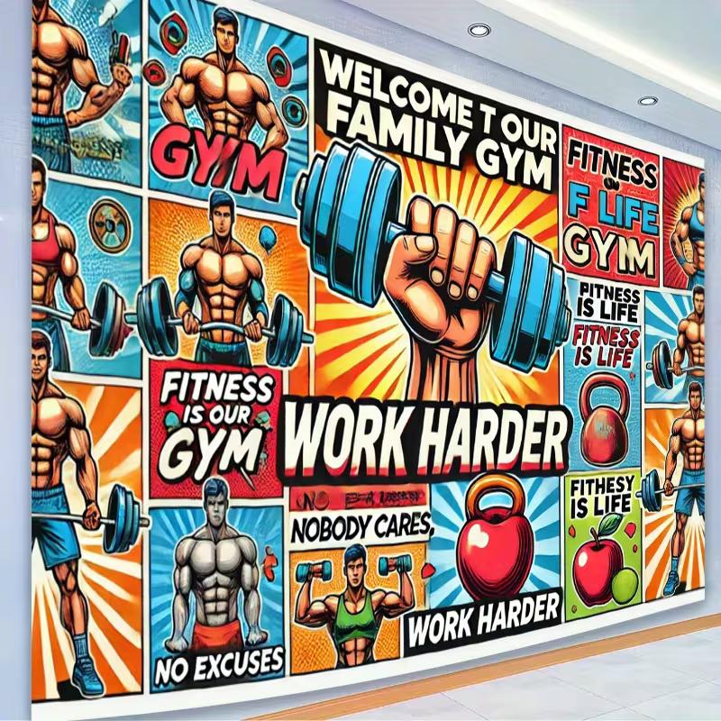 2D Retro Fitnessstudio-Kulisse, "Willkommen in unserem Familien-Fitnessstudio" Fitness-Hintergrund