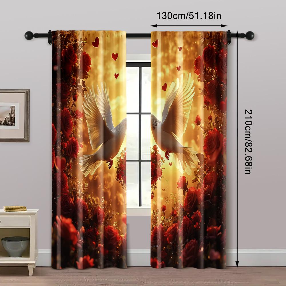 2pc,  Romantic Valentine's Day Window Curtains Romantic White Dove and Red Rose Valentine's Day Heart shaped Sunrise Scene
