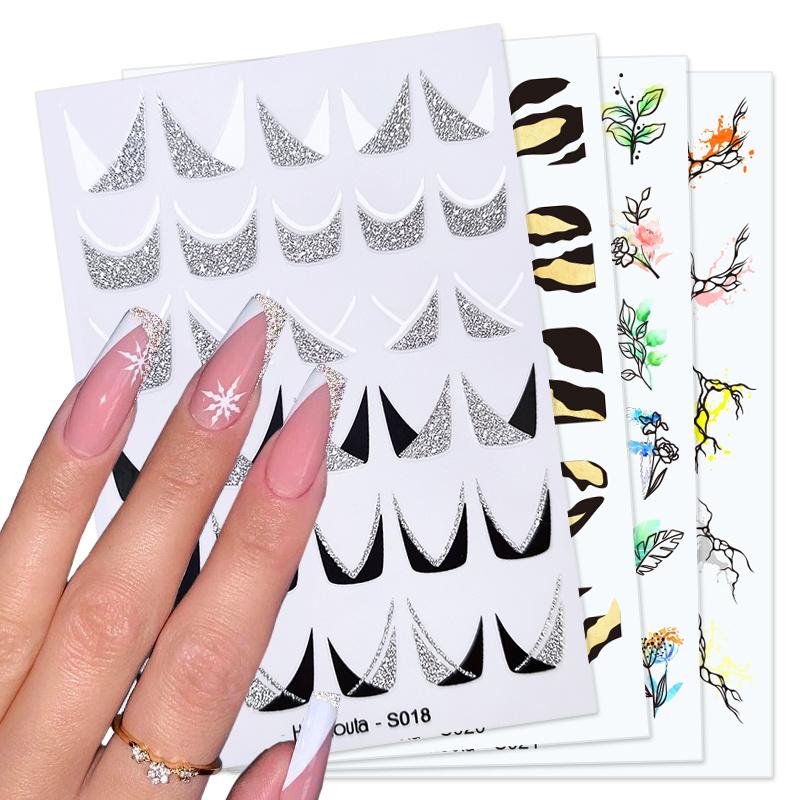 

Harunouta Silver Glitter French Line Ногти Наклейки Блестящая Белая Косая Полоска Наклейки 3D Креативная геометрия Звезда Советы по маникюру