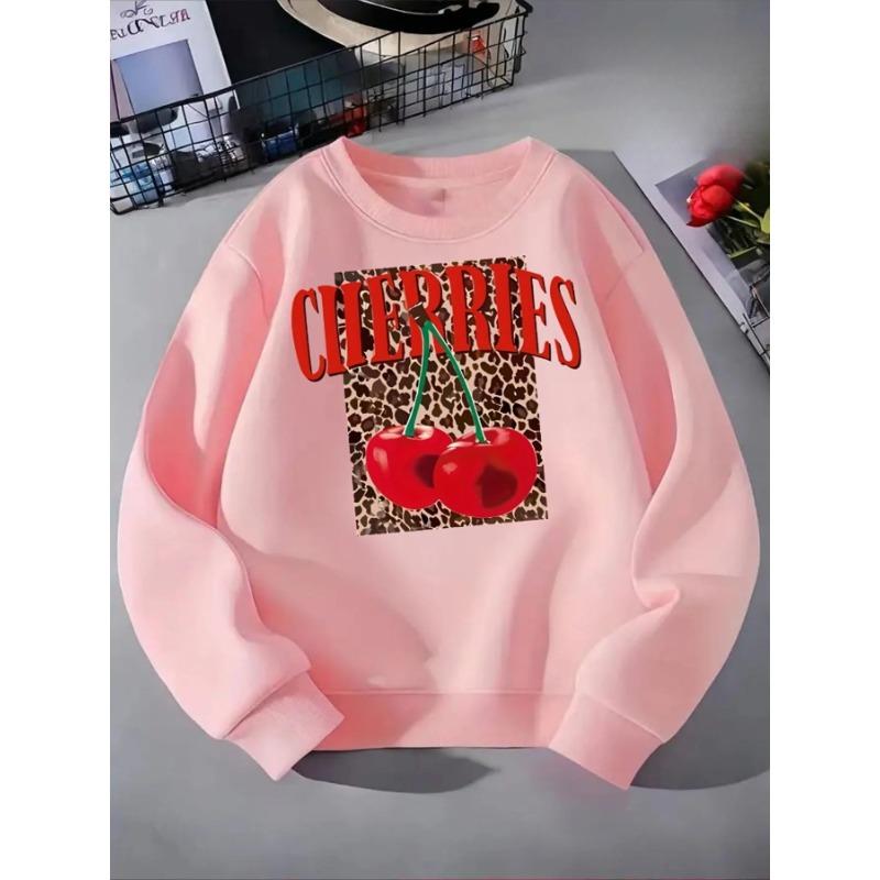 European sizes Cherry Leopard Print Girls' Crewneck Sweatshirt, Western Style, Long Sleeve, Multi-Colored.
