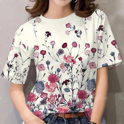 T-shirt à manches courtes et col rond pour femme, haut décontracté, imprimé Floral en 3D, pull ample, Harajuku, Streetwear, été