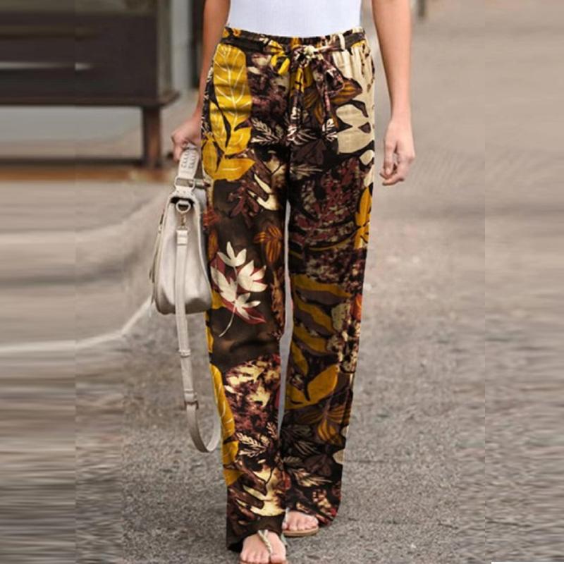 Vintage Women Drawstring Trousers Spring Autumn Fashion Floral Printed Wide Leg Pants Ladies Casual Loose Long Pant