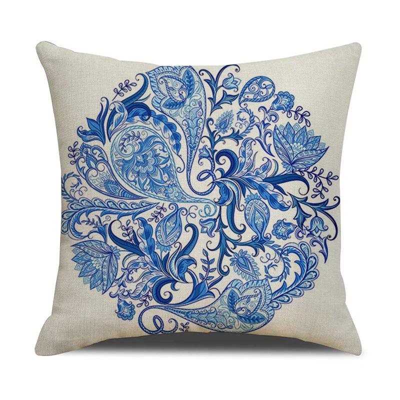 Chinese retro style blue and white ceramic printed fabric linen cotton throw pillow wrapped sofa home decoration pillow