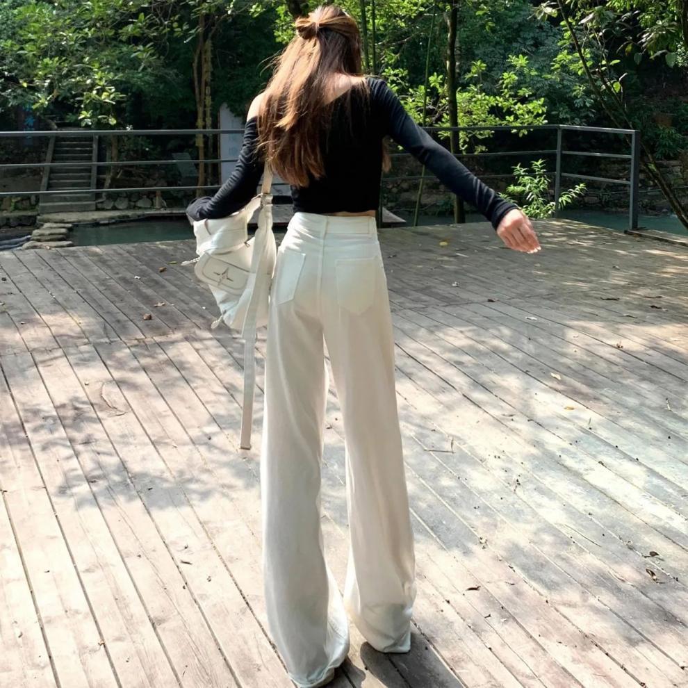 Damen Frühling/Sommer Weiße High-Waist Straight Leg Jeans mit Plissee-Design Lockere Weitbeinige Bodenlange Hose