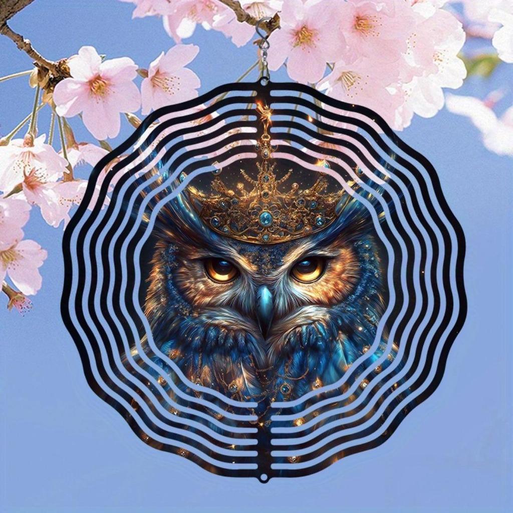Metal Wind Chime with Crowned Owl Design Dual Direction Spinning No Electricity Needed for Garden Patio Yard Outdoor Decoration