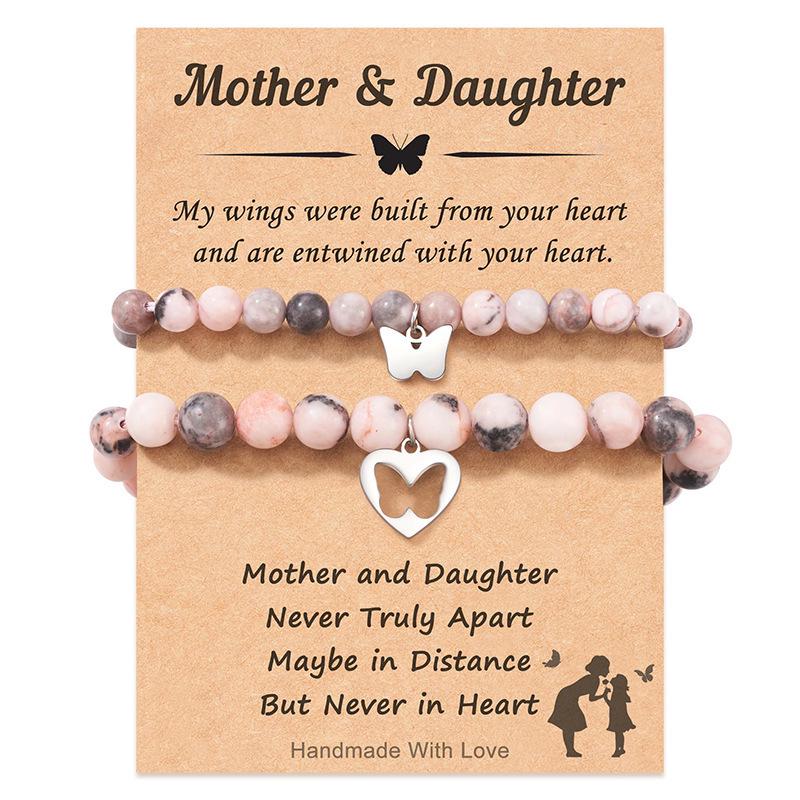 Pink Zebra Bracelet Set with Butterfly, Bear, and Heart Pendants - Mother-Daughter Best Friend Gift for Women