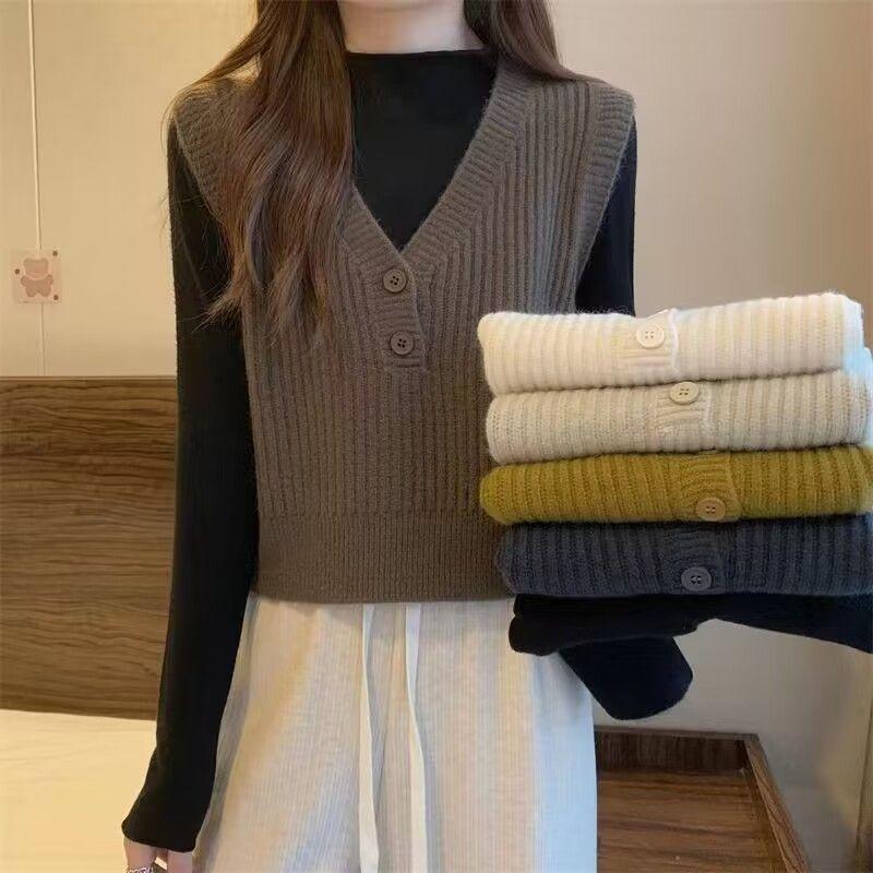 Women's Short Knitted Vest Autumn and Winter Sleeveless V-neck Sweater Retro