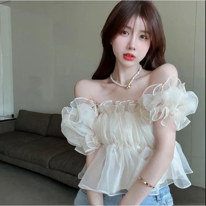 2025 Summer Women's Off-Shoulder Square Neck Puff Sleeve Top - Slim Fit Trend
