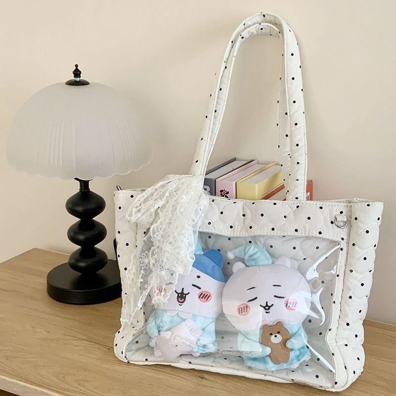 Single Shoulder Large Capacity Tote Canvas Commuting Versatile Canvas Baby Bag Student Class Cute Polka Dot Pain Bag Girl
