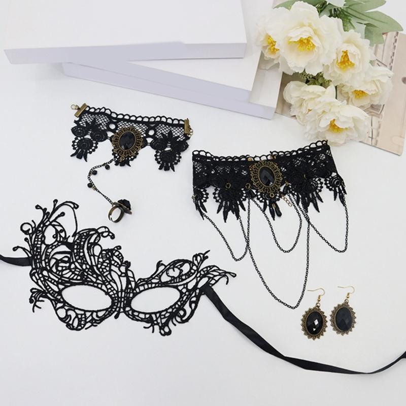 Gothic Lace Choker Necklace Bracelet Earrings Mask Eyemask Halloween Costume Accessories Jewelry for Women Girls Gift
