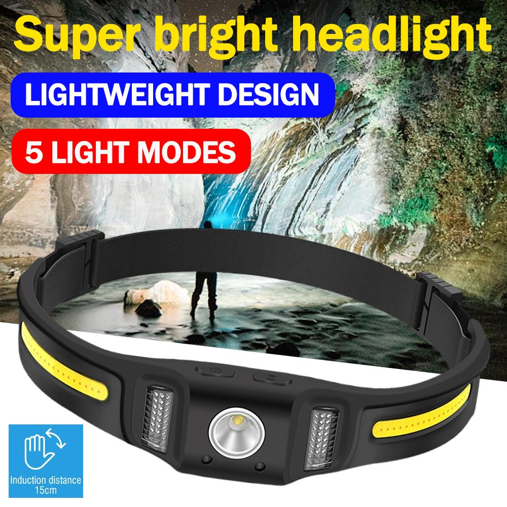 Powerful COB LED Headlamp Induction Headlight Silicone USB-C Rechargeable Head Torch Camping Fishing Lantern