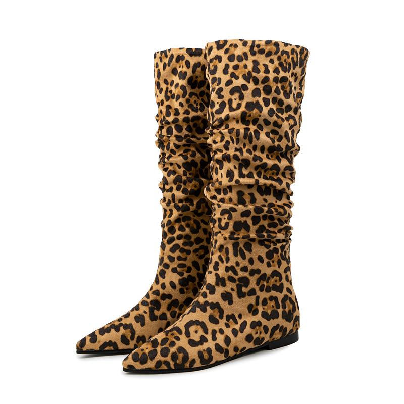Fashion 2024 Autumn/winter Women Boots Pointed Toe Flat Heels Boots for Women Pleated Leopard Print Pattern Boots Mid-calf Women Shoes