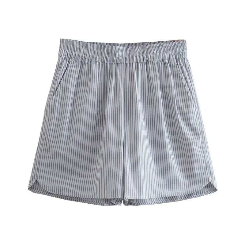 Spring New Women's Clothing Hong Kong Style Comfortable Lapel Long Sleeves Stripes Shirt + Casual Loose Stripes Shorts Suit