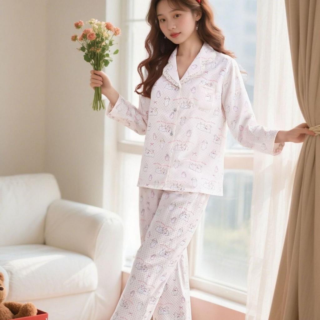 1011 Spring and Autumn New Ice Silk Pajamas Female Cartoon Sweet Wind Premium Cardigan Long Sleeve Thin Loungewear Set
