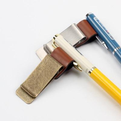 Stainless Steel Pen Holder Clip with Brass Leather 2 In 1 for Notebook Journal Paper Folder Strong Organizer