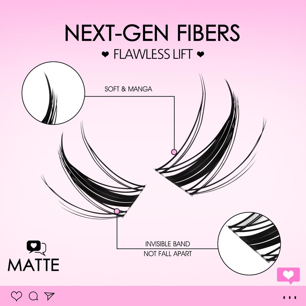 QIUNING Manga Lash Clusters Kit Cat Lashes with Lash Bond & Seal Cluster Eyelash Extensions Mixed Tray Eyelash Clusters Kit