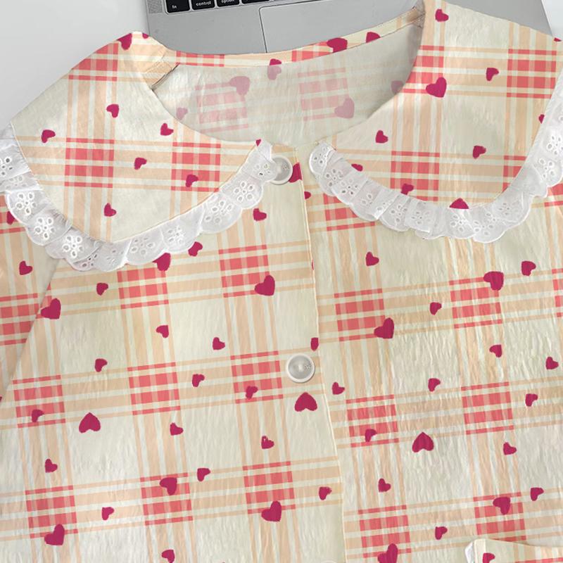 Love Plaid Korean Style Women's Pajamas Set Sweet Cute Autumn Winter Nightwear Lapel Neck Casual Pajamas Set Women