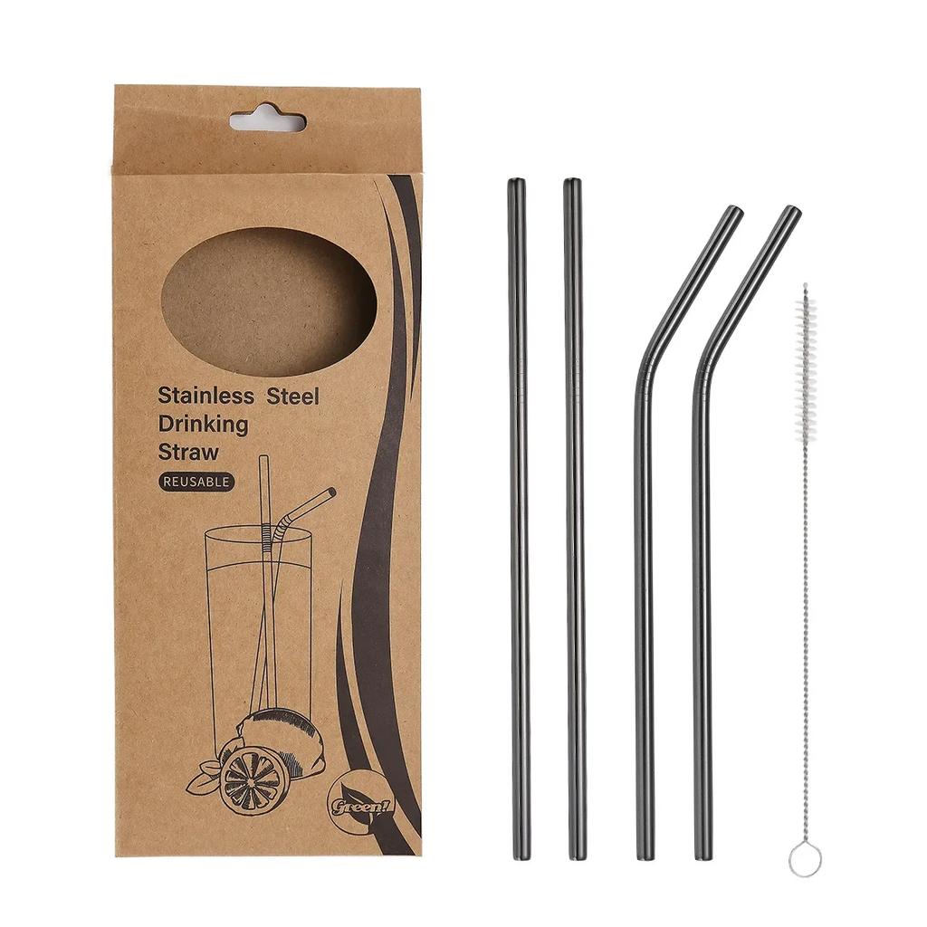 1set Stainless Steel  Straws with Brush - Set of 5 - Reusable and Washable,Perfect for Smoothies Milkshakes Tea Juice