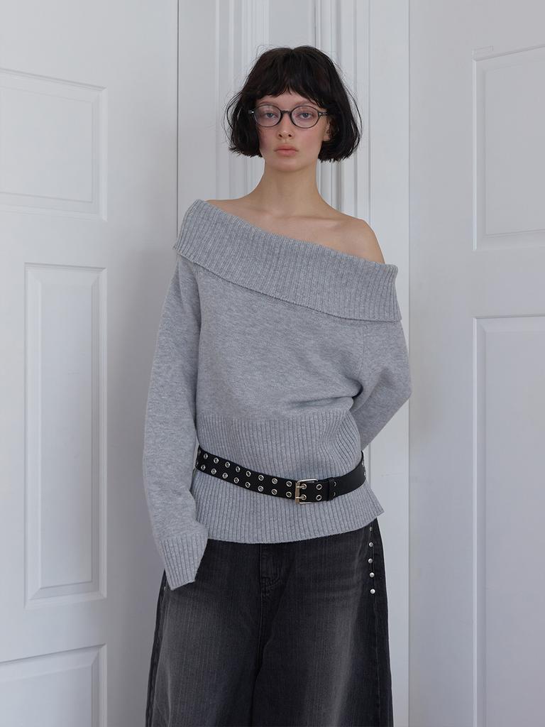 Minderly Folded Off-Shoulder Knit – Gray