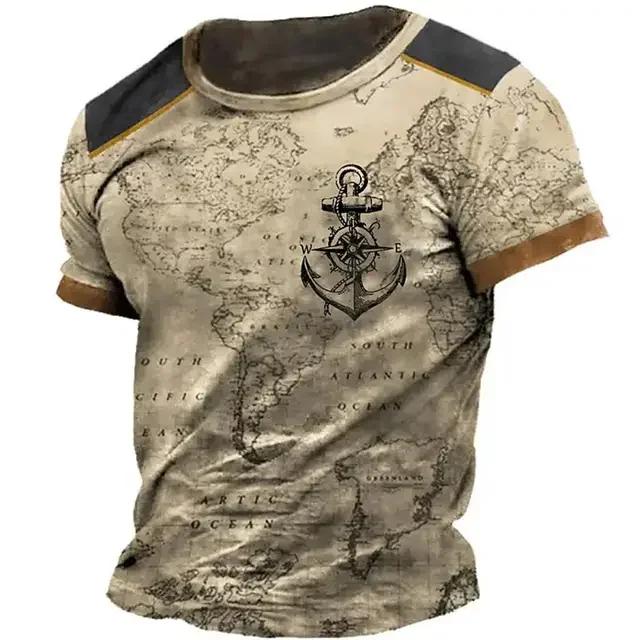 Summer Round Neck Vintage Compass Pattern 3D Print Top Fashionable Casual Short Sleeved Men's T-shirts