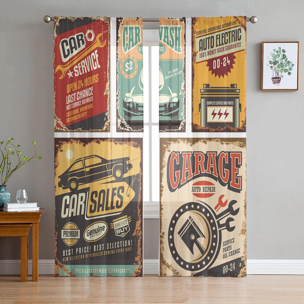 Car Wings Icon Retro Tulle Curtains for Living Room Print Sheer Voile Curtain Bedroom Window Screening Drapes Blinds Home Decor