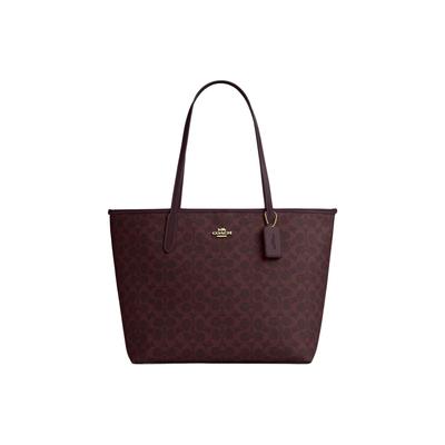 Bolsa Tote de Lona Revestida com Logo Dourado Signature City 33 Bolsas Tote Femininas Preto-Cassis CV976-IMYED