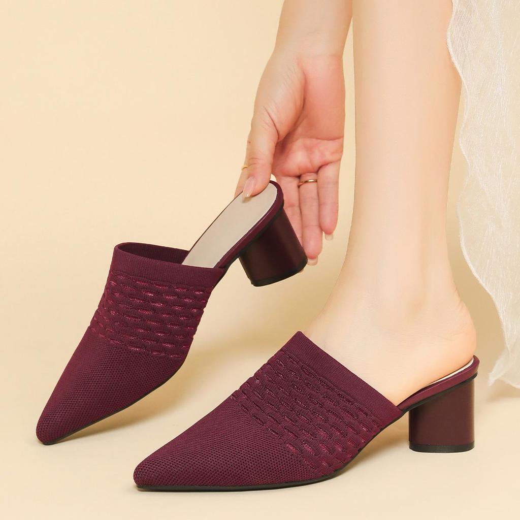 Dámské Velké Velikosti Jarní Špičaté Špičky Tlustý Vysoký Podpatek Pantofle Boty Ležérní Prodyšné Jednobarevné Pletené Sandály Boty 34-43