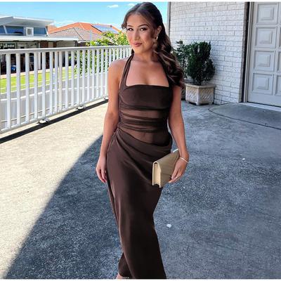 Women's Elegant Mesh Patchwork Ruched Irregular Solid Color Party Dress 2025 Spring Summer Halter Backless Hollow Out Evening Dresses