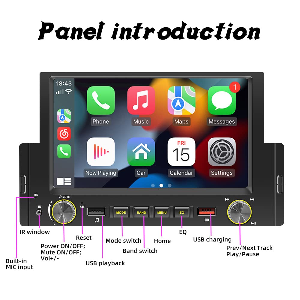 1Din Car Radio Android Auto/CarPlay Mirror Link 6.2" Touch Screen Bluetooth FM USB Colorful Lights Wince System