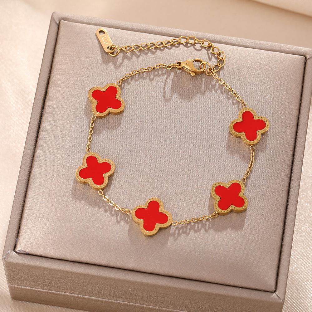 Luxe Titanium Staal Vierbladig Klaver Armband in Koreaanse Stijl met Ingelegde Diamanten voor Vrouwen - Kleurvast