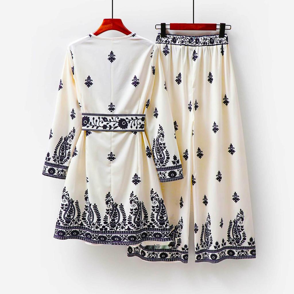 2025 Middle Eastern Ethnic Style Muslim Fashion Print Top and Pants Set with Waist Belt