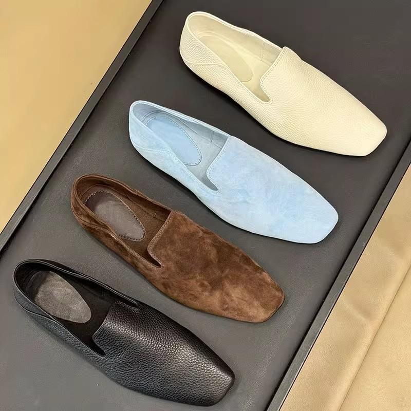 Sheepskin version~ French retro leather diagonal cut square head commuter shoes simple lazy one pedal flat single shoes women