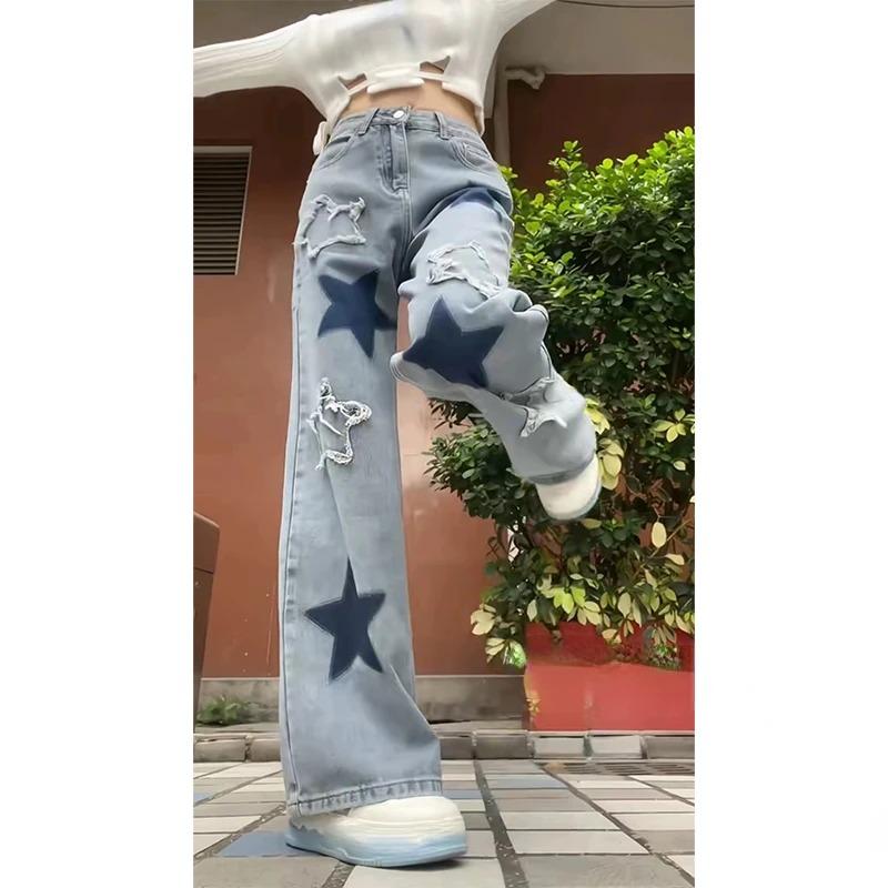 Dámské Baggy Blue Star Jeans Vintage Y2k Estetické džínové kalhoty 90. let Harajuku Kovbojské kalhoty s vysokým pasem a širokým pasem Oblečení 2000 2024
