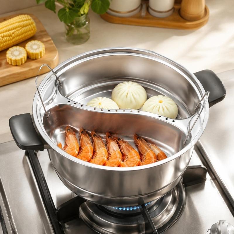 Sectioned Steam Tray Round Metal Insert with Wire Grip Handles for Soup Pot Service and Daily Family Table Tasks