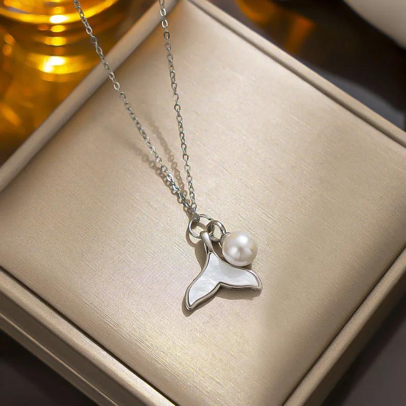 

Temperament Mermaid Tail Pearl Pendant Necklace for Women Charm Fashion Gold Color Stainless Steel Bride Collar Zircon Gift мідний