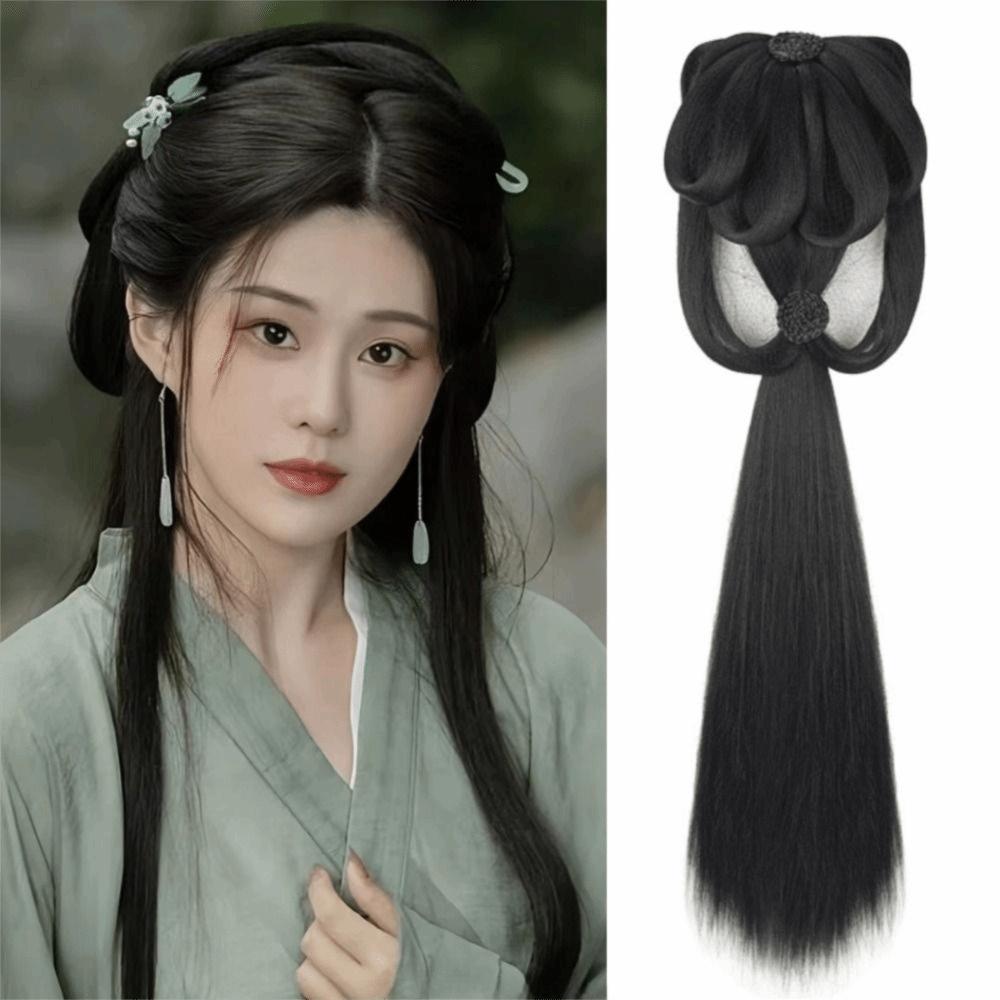 Traditional Women Hanfu Wigs Long Straight Integrated Hair Bun Hanfu Wig Headband Princess Cosplay