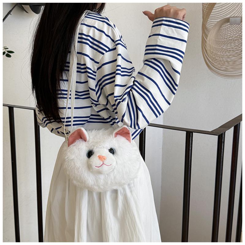 Kawaii Cartoon Cat Plush Crossbody Bag Soft Adjustable Strap Mini Shoulder Coin Purse for Kids
