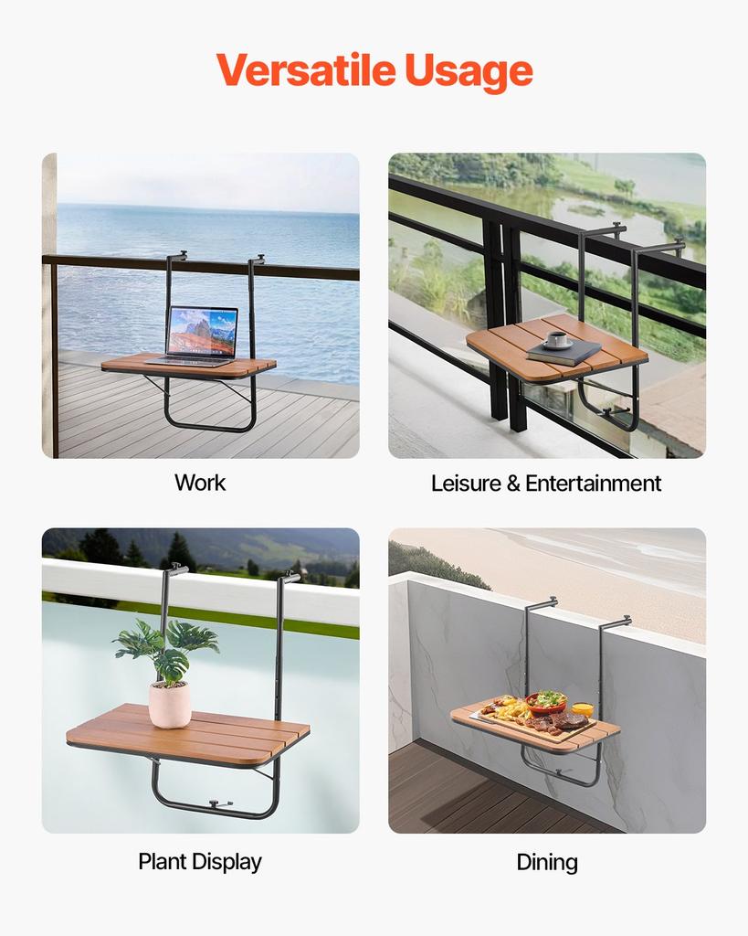 VEVOR Balcony Hanging Table, 25 X 24 In Folding Balcony Railing Table, Outdoor Balcony Bar Table for Railings, 4-Level Adjustable