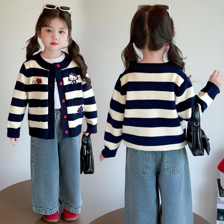 Autumn 2025 Girls' Knitted Cardigan: Cute KT Cartoon Striped Sweater for Baby Girls