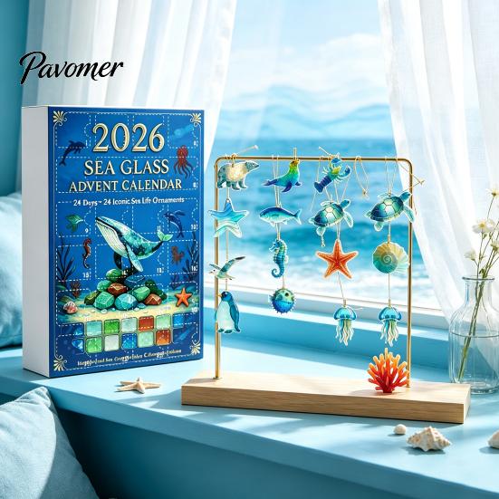 Christmas Countdown Calendar Sea Life Advent 2026, 2D Box with Blue Ocean Color Scheme Animal Acrylic Pendants, Festive Tree Hanging Decor,