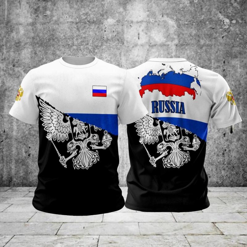 Russian Flag and Emblem Map Pattern T-shirt 3D Printing Design Summer Short Sleeved Top Men's Casual Sports Round Neck Clothing