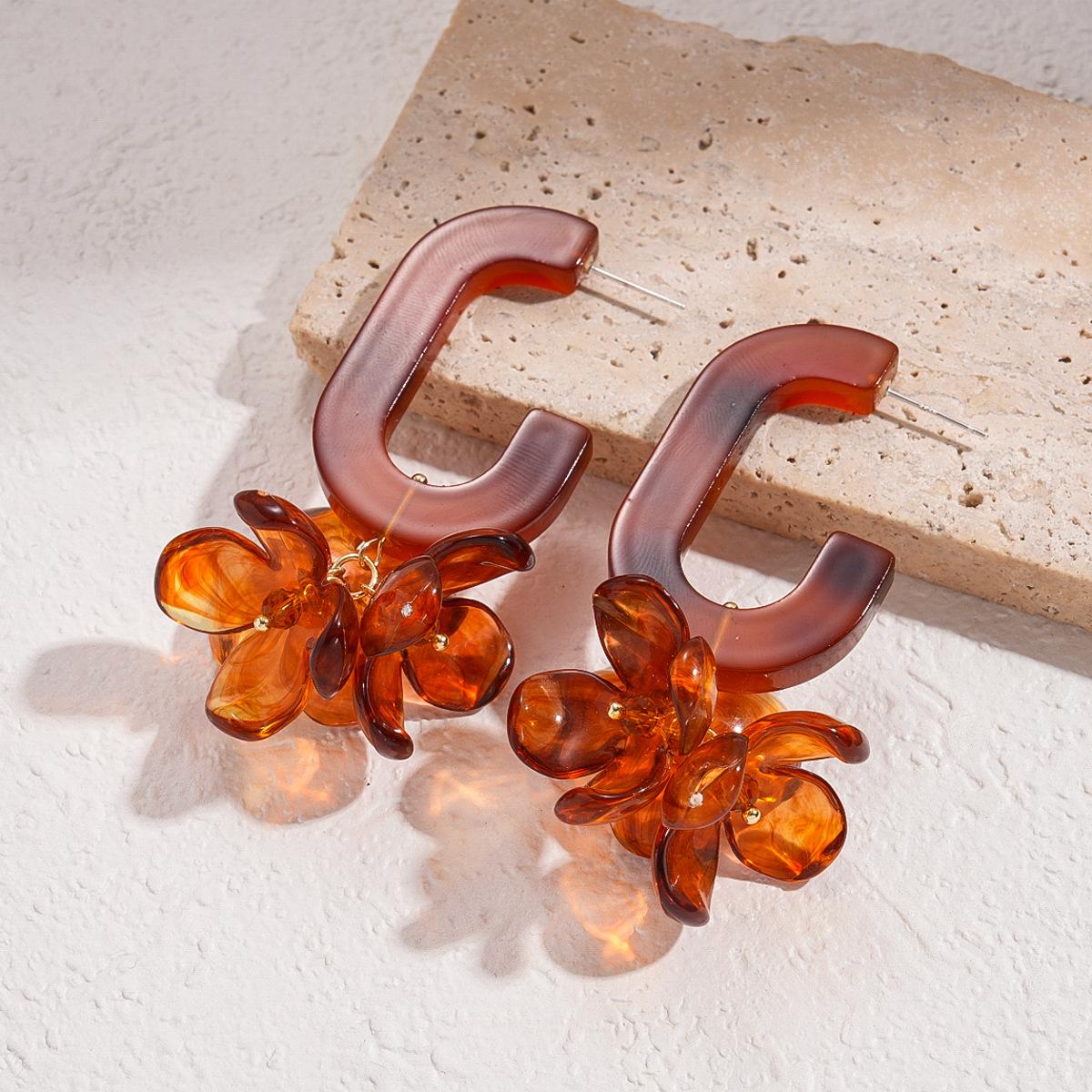 Autumn and Winter Resin Geometric Oval Flower Silver Needle Earrings Vacation Style Fashion Earrings